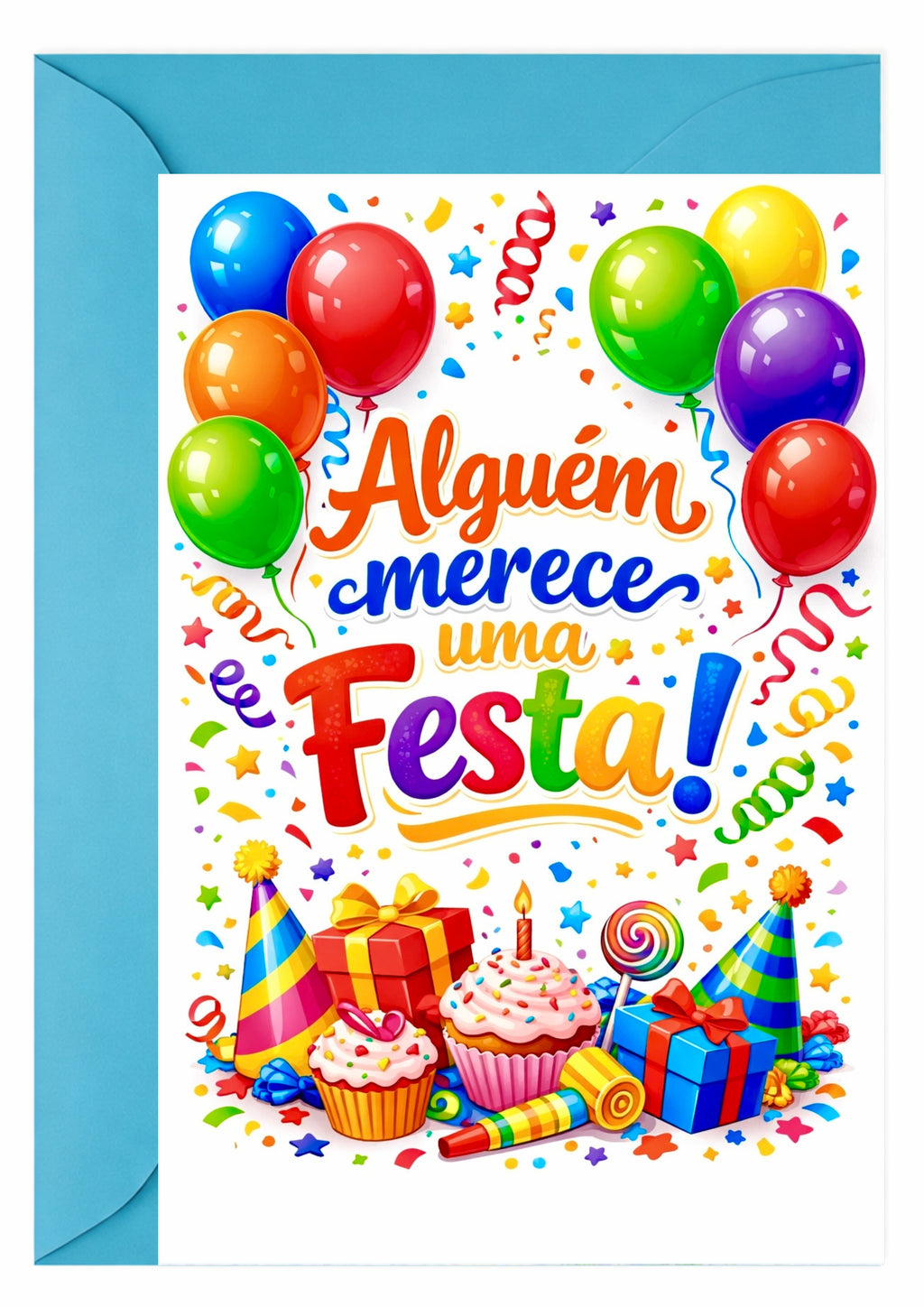 Cartão de Aniversário Colorido com Balões A5 (14,8 x 21 cm) – Alguém Merece uma Festa! | Loucos por Cartões