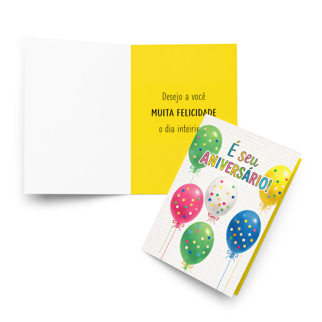 Cartão de Aniversário Colorido com Balões A5 (14,8 x 21 cm) – É Seu Aniversário! | Loucos por Cartões